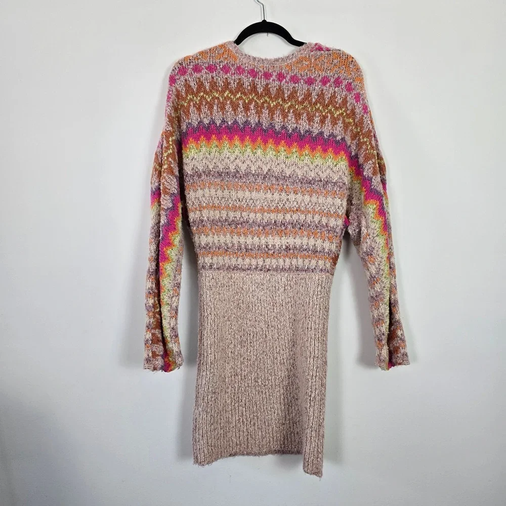 Free People Sweater Dress Womens S Pink Multi Fair Isle Wrap Boucle Tunic Artsy